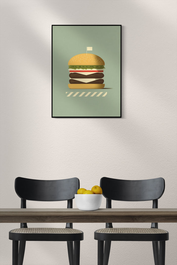 Minimalist Burger Art Poster Displayed Above Dining Table With Modern Chairs