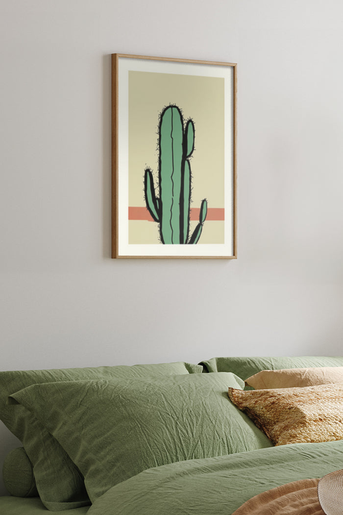 Modern minimalist cactus poster in a wooden frame as bedroom wall art decoration