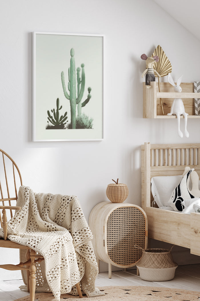 Minimalist cactus illustration poster in a modern cozy home interior with decorative elements