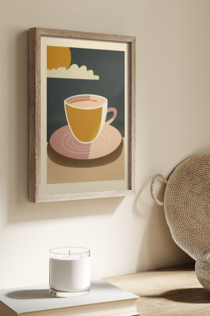 Minimalist coffee cup poster in wooden frame on wall above a candle and book