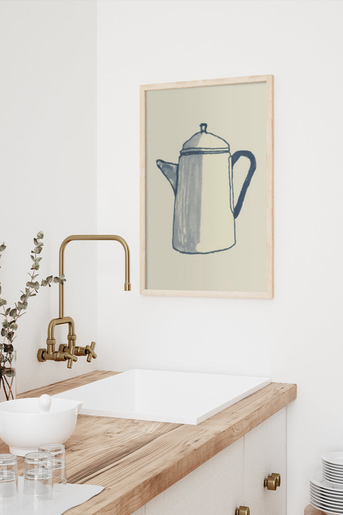 Minimalist coffee pot illustration poster framed in a modern kitchen setting