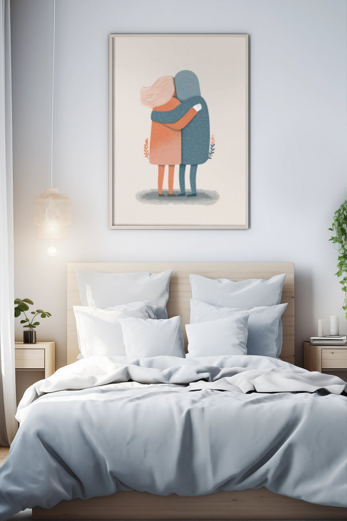 Minimalist Art Poster of a Couple Embracing in Bedroom Decor