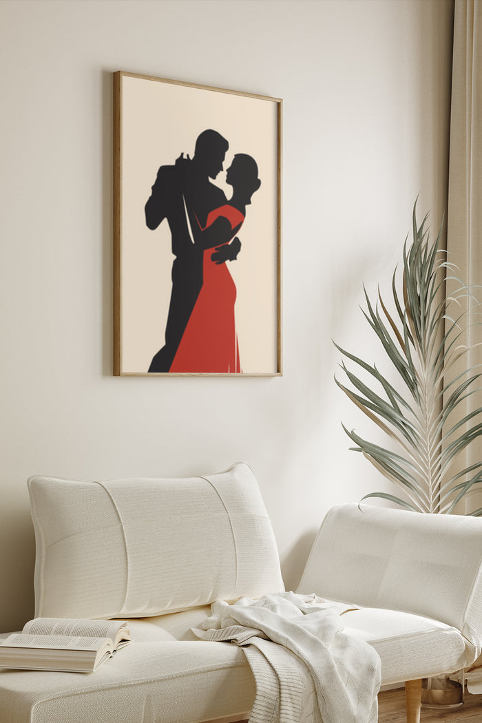 Minimalist black and red couple silhouette art poster displayed in a modern living room setting