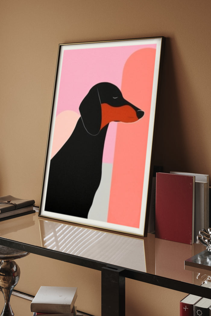 Stylish minimalist poster of a dachshund dog with black silhouette set against a pink and coral backdrop