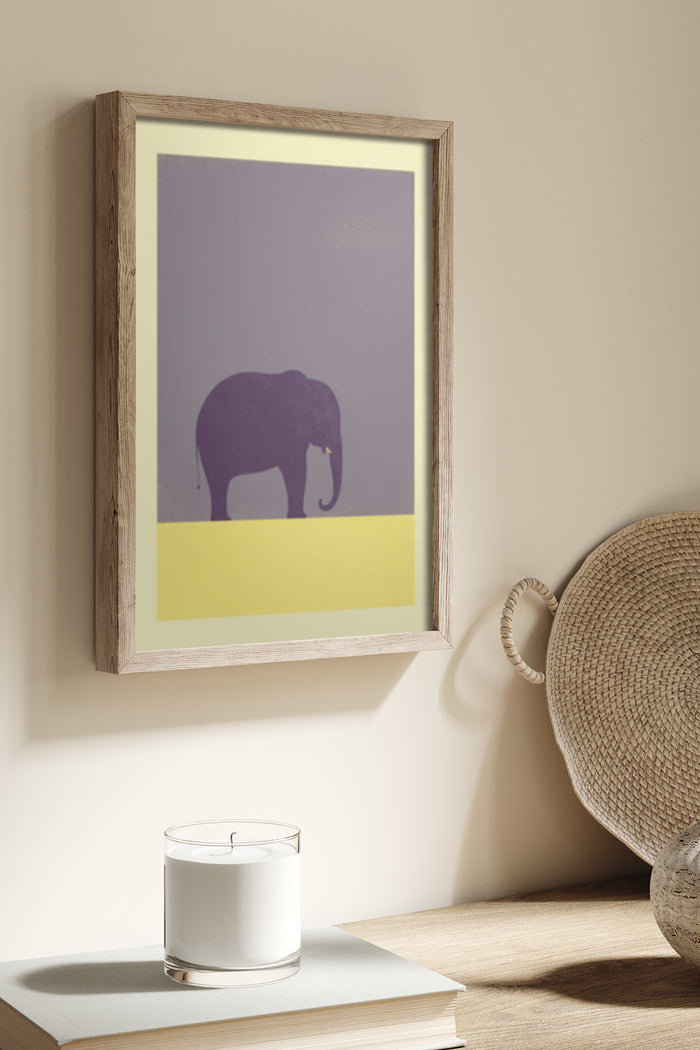 Minimalist Elephant Art Poster in Wooden Frame on Wall