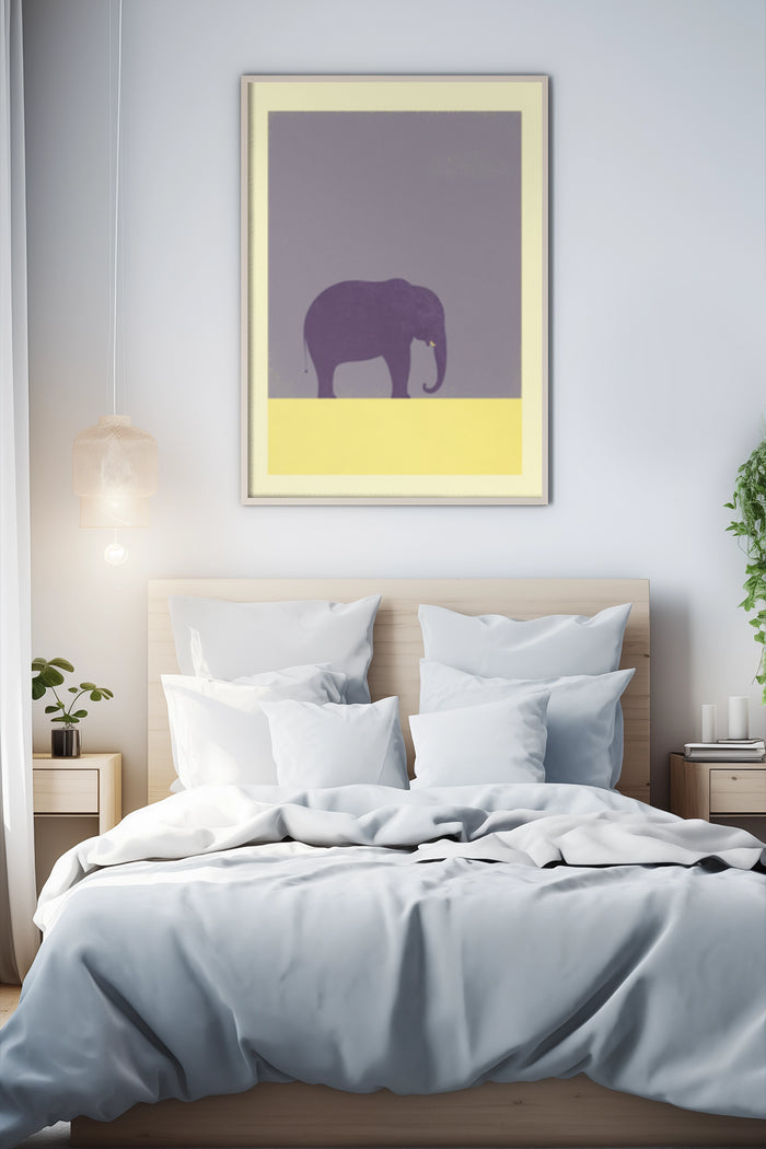 Minimalist Elephant Artwork Poster Displayed Above Bed In Modern Bedroom