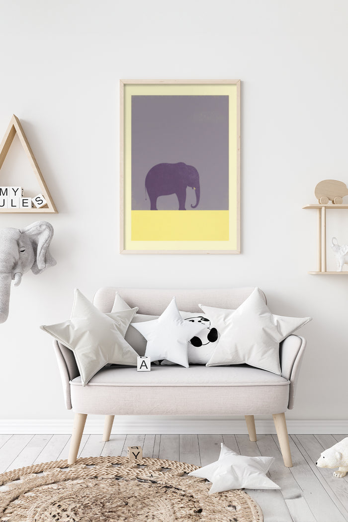 Minimalist purple elephant artwork poster framed on a white wall in a stylish living room interior