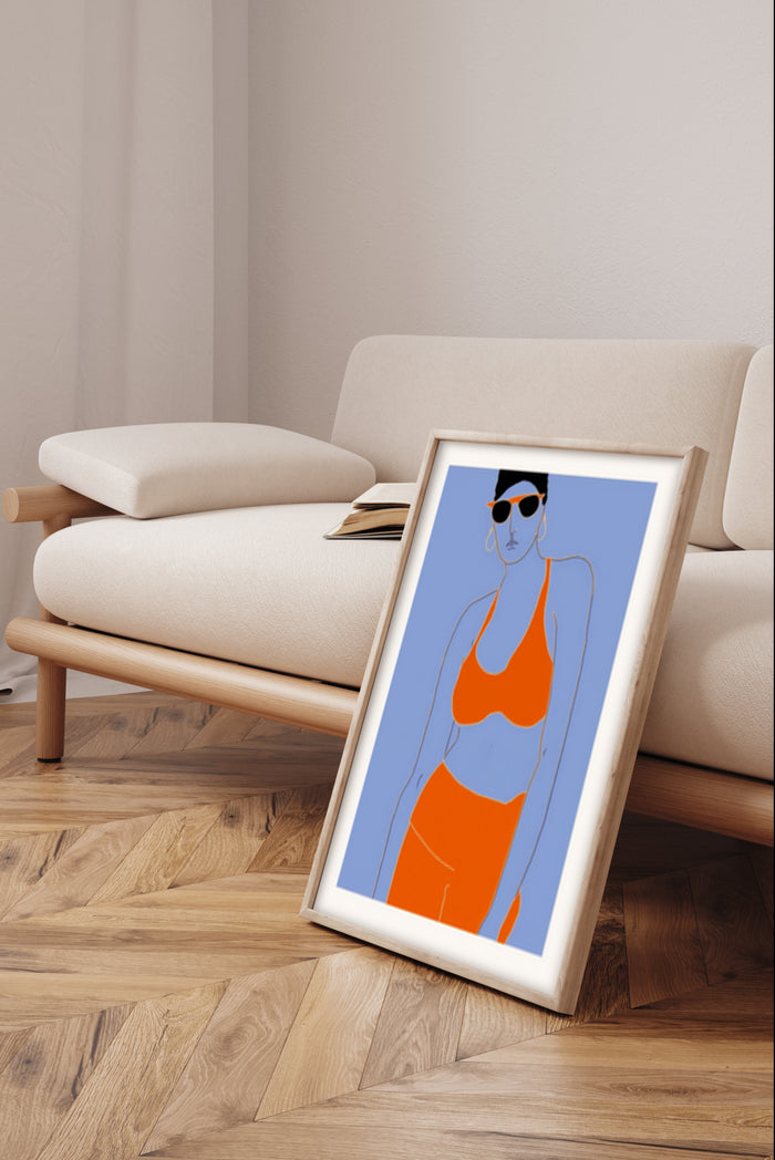 Minimalist fashion illustration poster of a woman in orange swimwear with sunglasses leaning against the wall in a modern living room setting