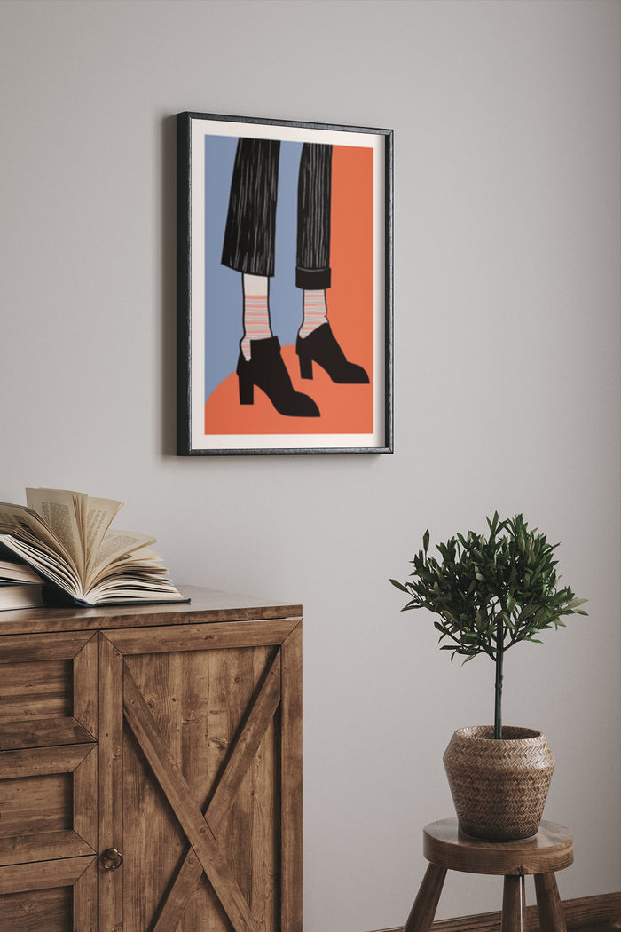 Minimalist fashion artwork poster featuring illustrated feet in black boots against a vibrant background