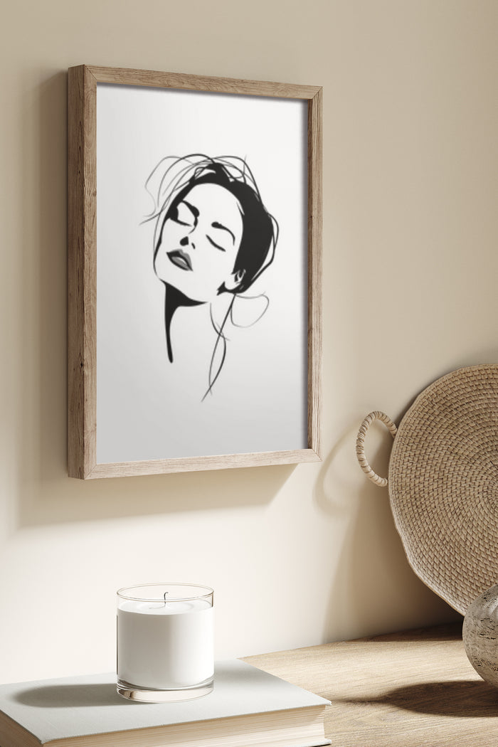 Minimalist black and white female portrait in a wooden frame as stylish home decor