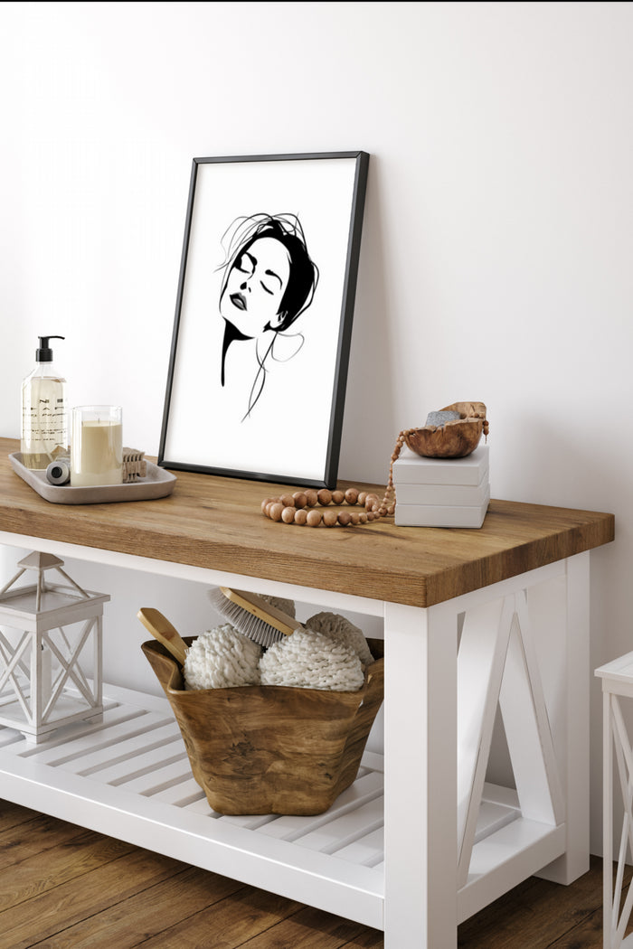 Minimalist black and white sketch of a woman in a modern interior setting