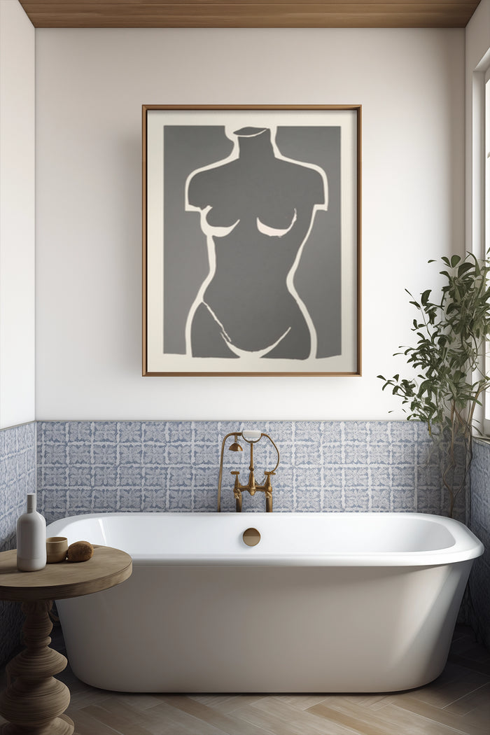 Modern bathroom with minimalist black and white figure silhouette poster art above freestanding bathtub