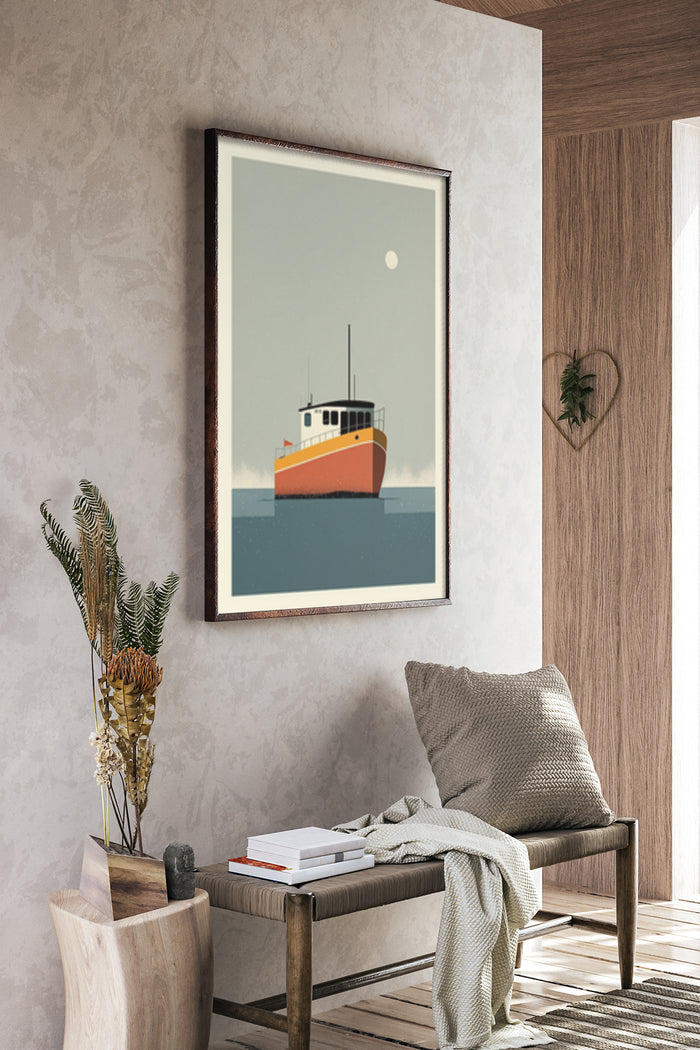 Minimalist Fishing Boat Poster Art in Modern Interior Decor Setting