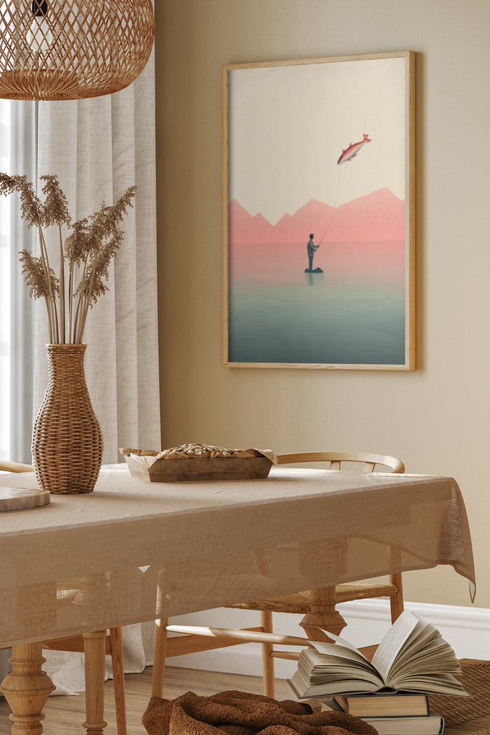 Minimalist poster of a person fishing with a kite in a serene lake with mountain backdrop, displayed in a cozy dining room setting