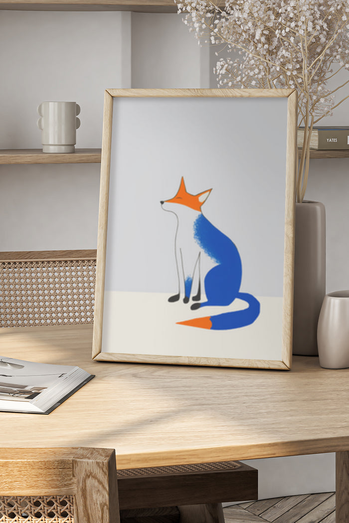 Minimalist fox illustration in modern art style poster displayed in a living room