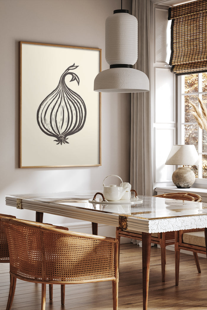 Minimalist black and white garlic illustration poster in stylish dining room setting