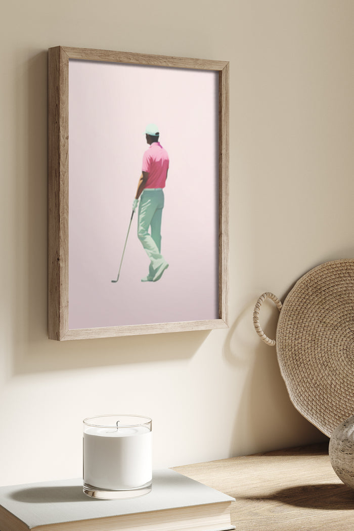 Minimalist artwork of a golf player in a wooden frame on a wall