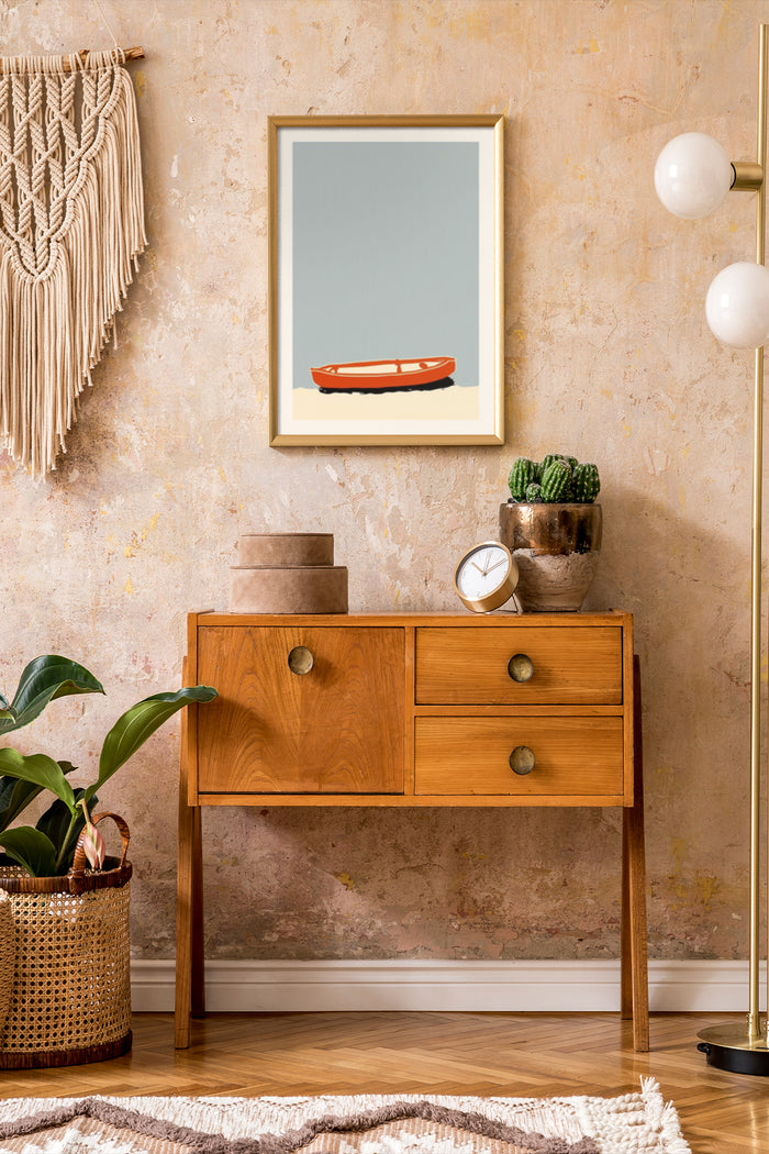 Minimalist hot dog painting on wall above a stylish wooden console table in a contemporary living room interior
