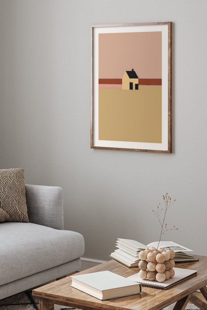 Minimalist landscape art poster framed in living room setting