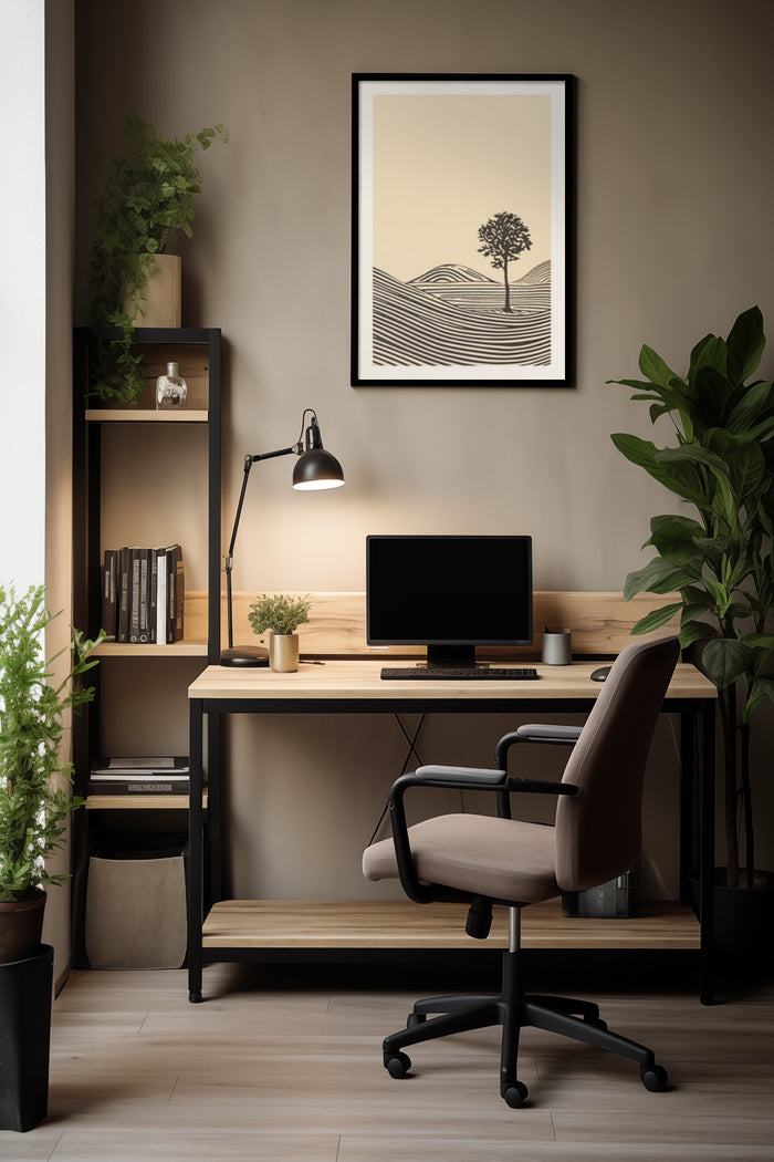 Minimalist landscape artwork with tree and hills poster framed in a contemporary home office setting