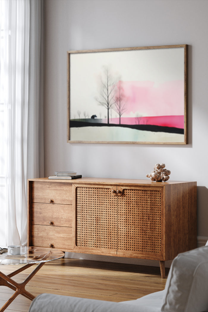 Minimalist pastel landscape painting displayed above a wooden sideboard in a contemporary living room setting