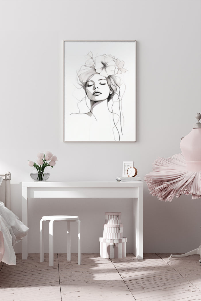 Minimalist line art drawing of a woman with flowers in her hair poster in a modern bedroom interior