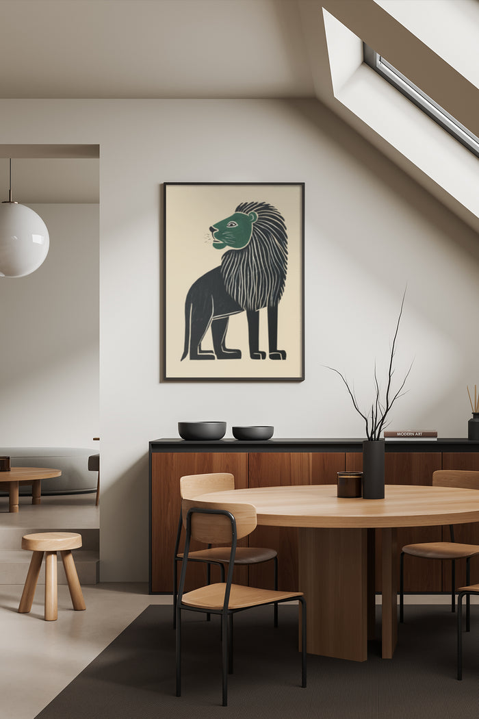 Minimalist Lion Art Poster Displayed in Contemporary Dining Room Interior