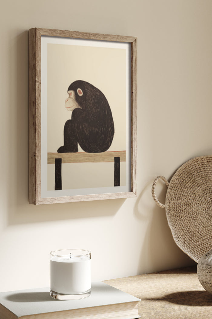 Minimalist Monkey Illustration Art Print in Wooden Frame on Wall