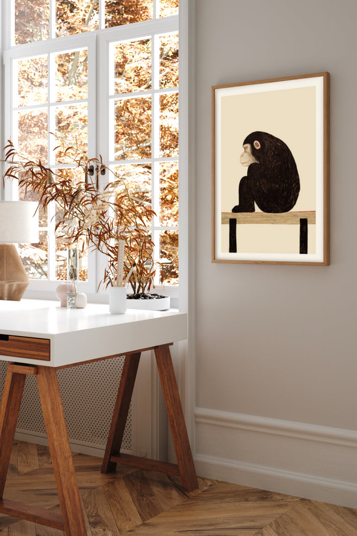 Contemporary minimalist monkey illustration in a beige and black color scheme, framed poster displayed in a modern home interior
