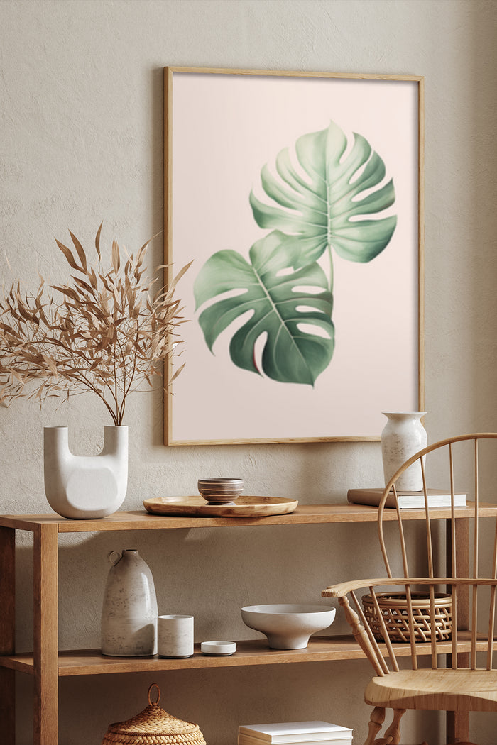 Minimalist Monstera Leaf Poster Art Displayed in Stylish Contemporary Home Decor