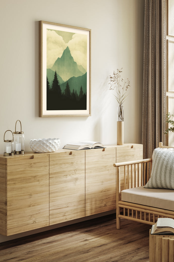 Scandinavian-style room with minimalist mountain and forest landscape poster art on wall