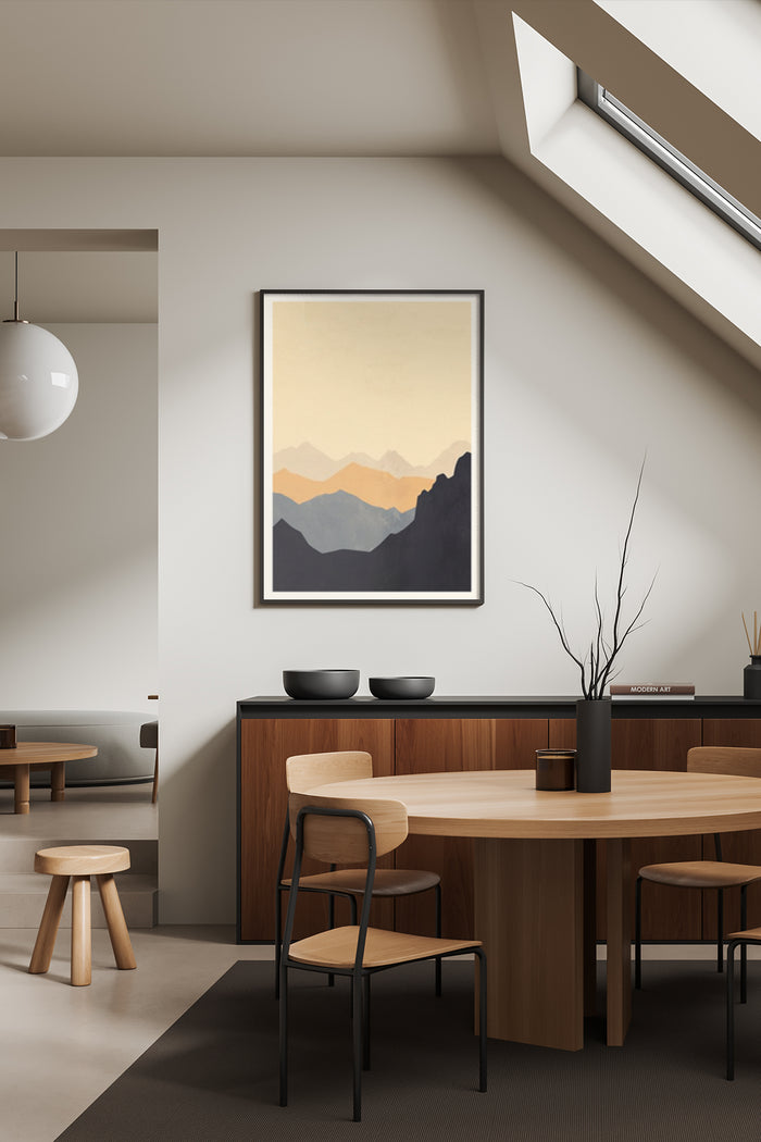 Minimalist mountain landscape poster framed on wall of contemporary dining room with stylish furnishings