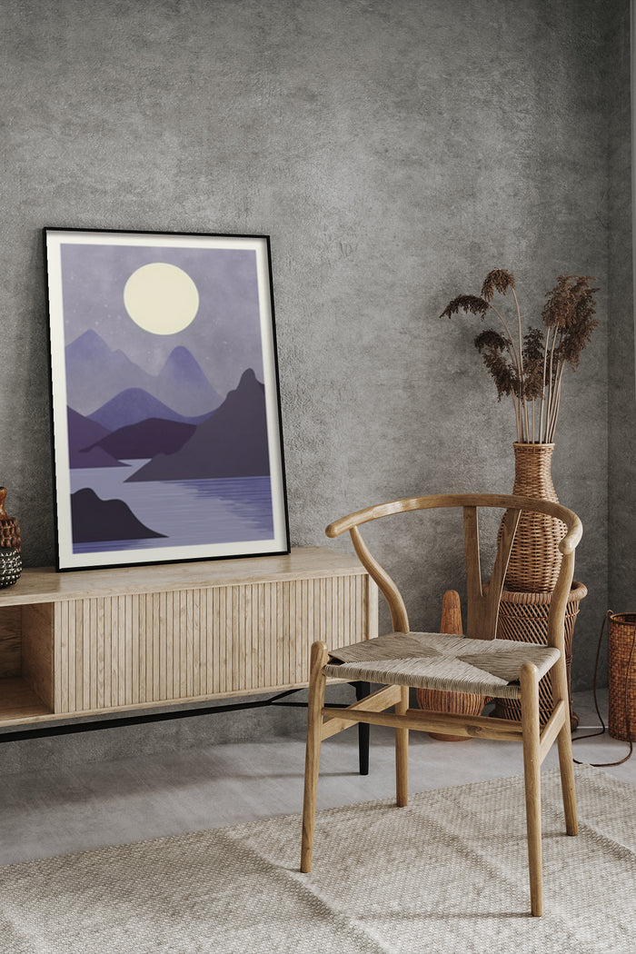 Minimalist mountain landscape poster framed on a wall in stylish modern interior with wooden furniture