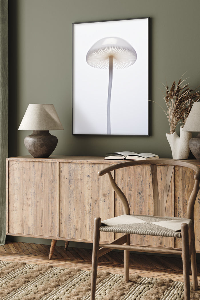 Minimalist mushroom illustration poster framed on a wall above a wood sideboard in a contemporary interior setting