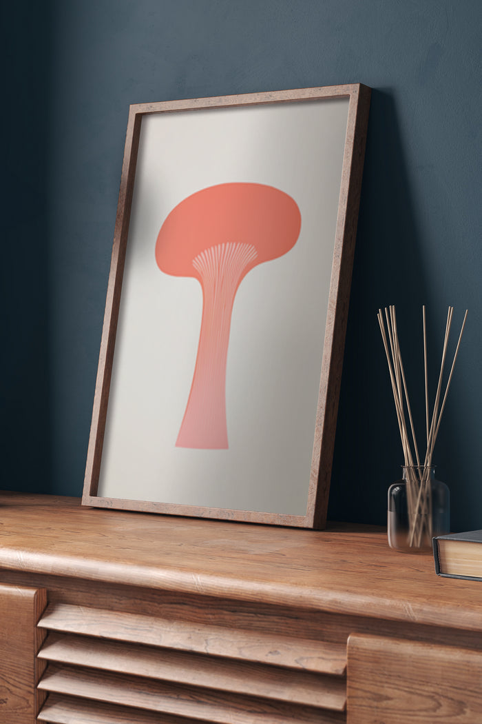 Modern minimalist mushroom poster design in a wooden frame