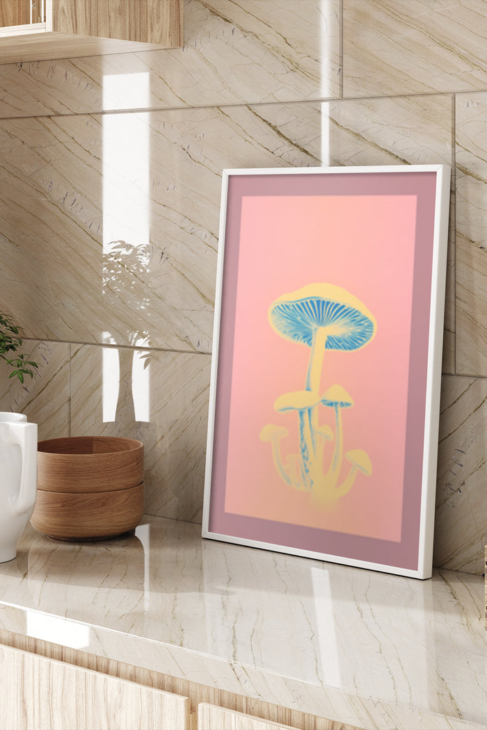 Minimalist Mushroom Illustration Artwork on Poster in Modern Interior