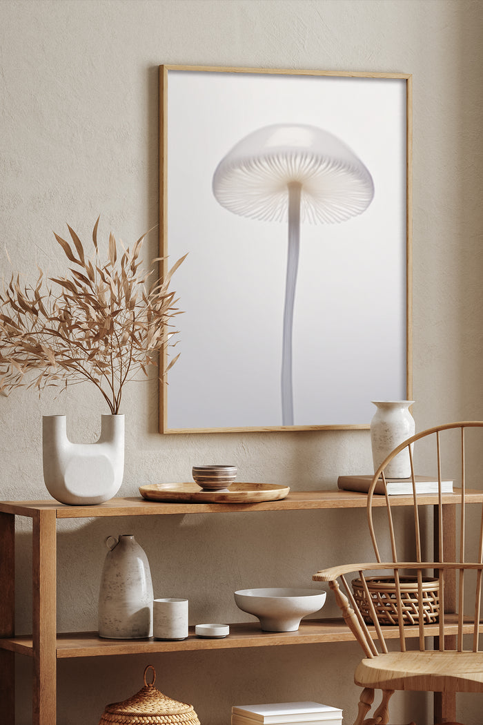 Minimalist mushroom design poster in a modern interior setting with wooden furniture and decorative vase