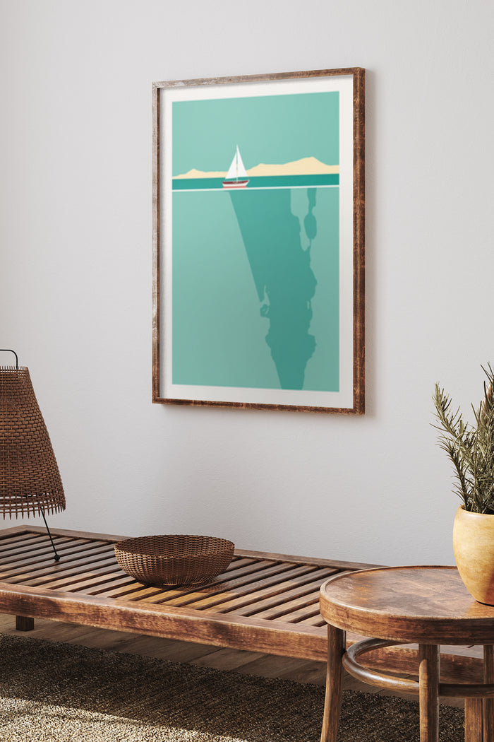 Minimalist Nautical Artwork with Sailboat and Reflection in Water Poster in a Wooden Frame