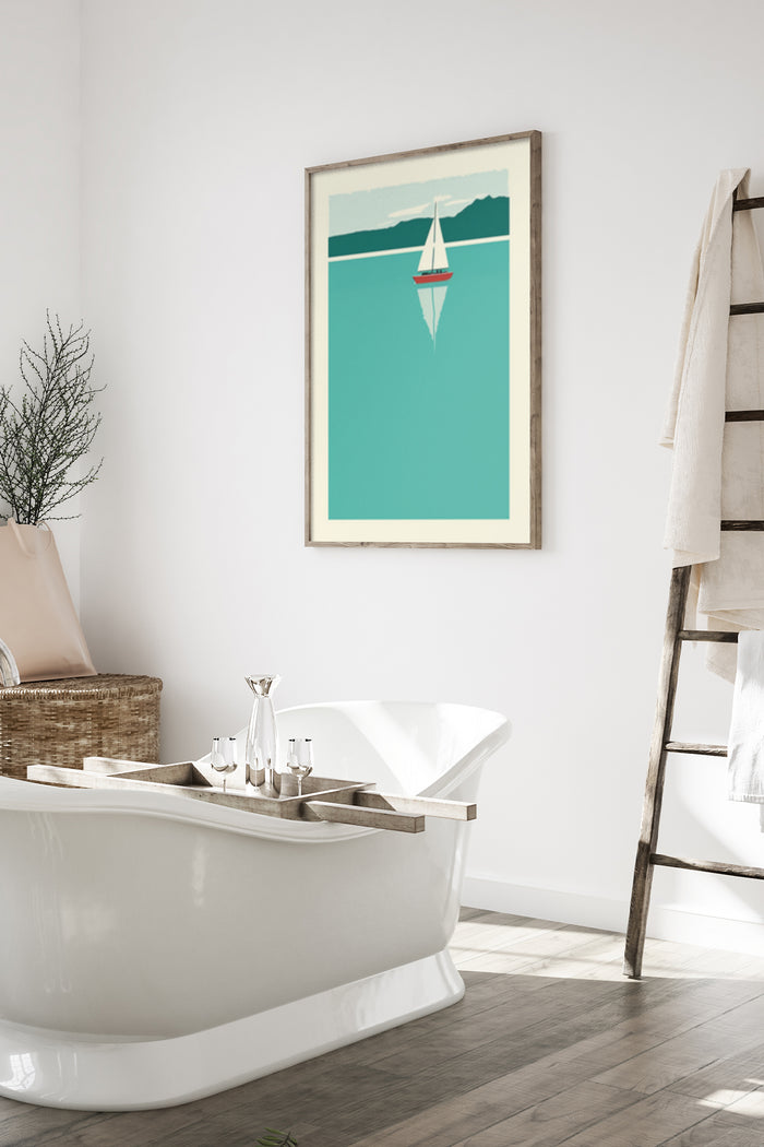 Elegant minimalist nautical sailboat poster hanging above bathtub in modern bathroom interior