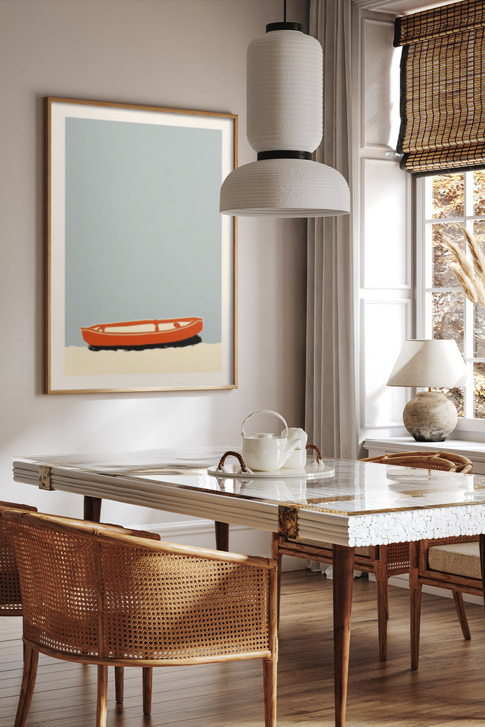 Minimalist style poster with orange boat on blue background displayed in contemporary dining room