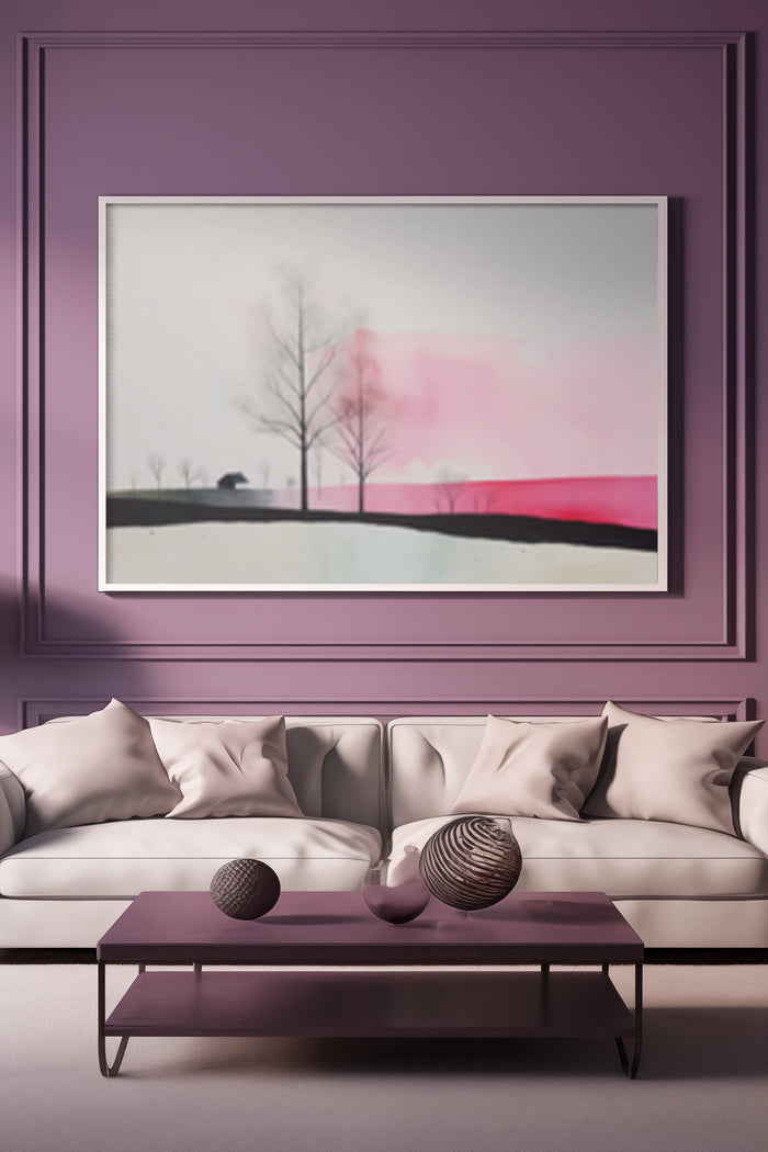 Minimalist pastel landscape poster framed on a purple wall above sofa in a stylish living room