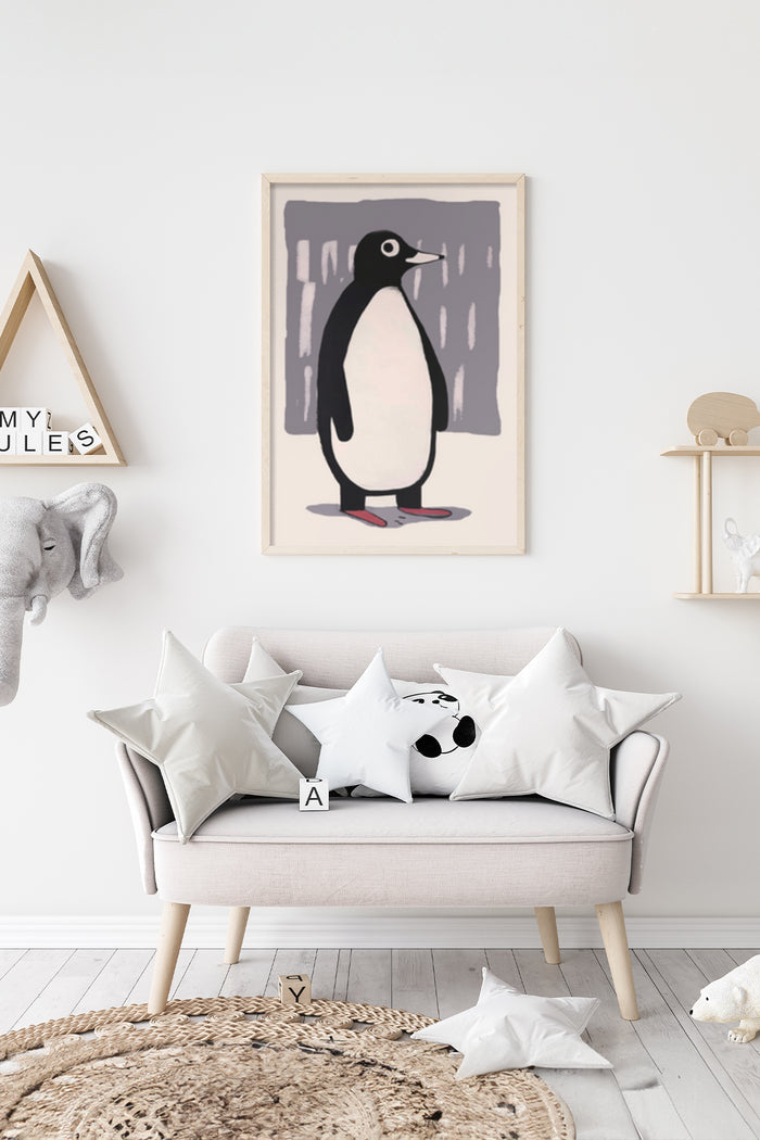 Stylish minimalist penguin poster hanging above a sofa in a modern living room interior