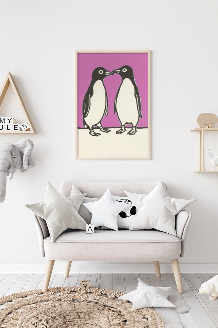Minimalist black and white penguin illustration on a vibrant purple background framed poster in a stylish living room setting