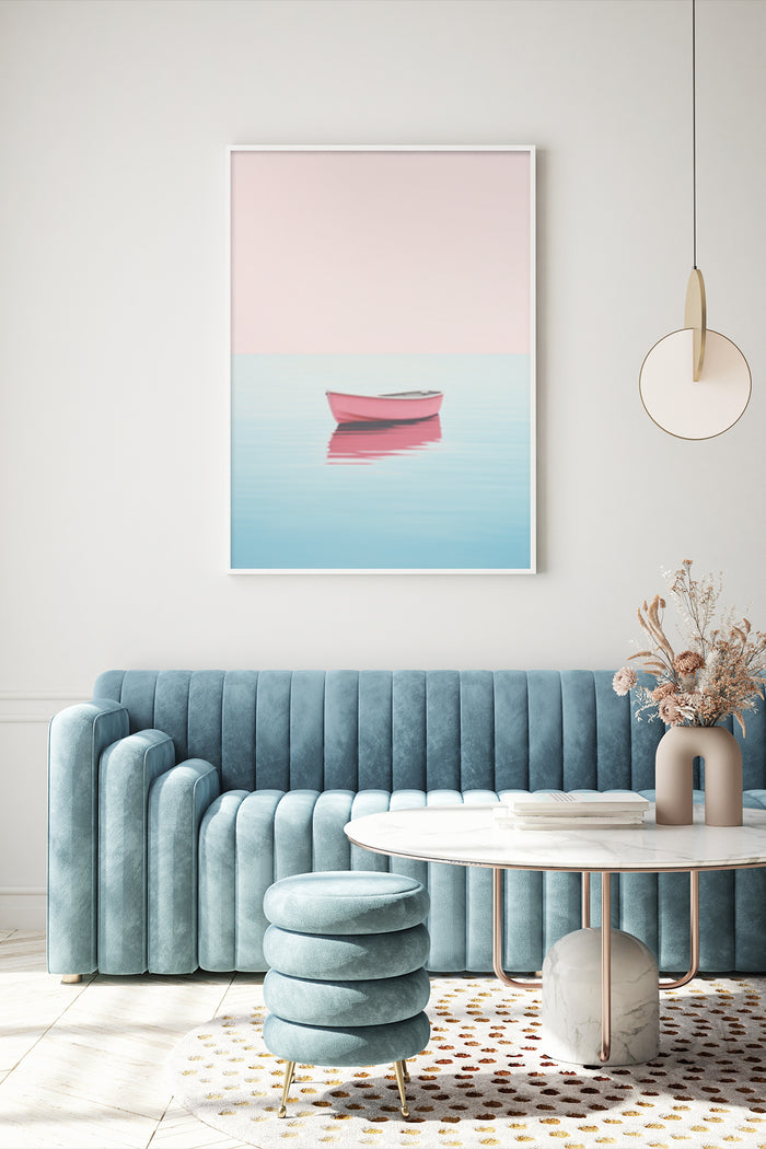 Minimalist interior design with pink and blue boat poster