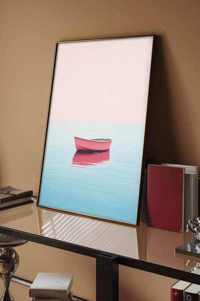 Minimalist poster with pink sky, blue water and red boat in modern interior decor