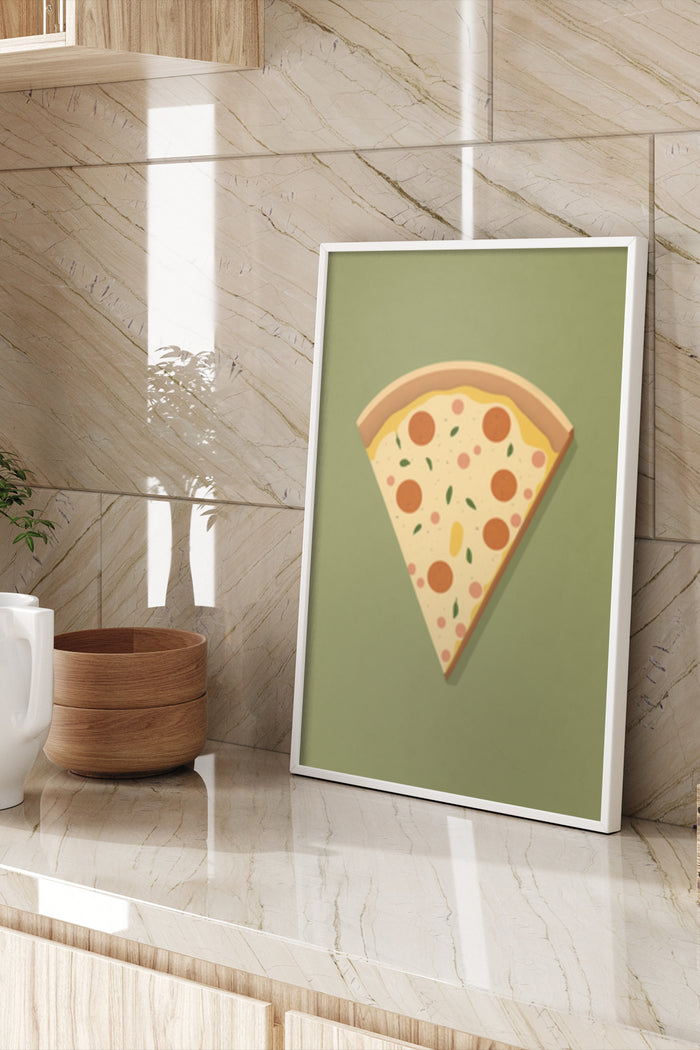 Minimalist pizza slice poster in a modern interior setting