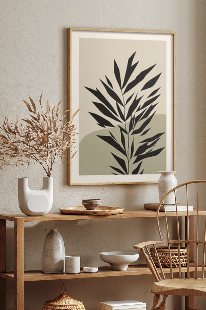 Minimalist plant artwork poster framed on a wall in a stylish interior setting with decorative vase