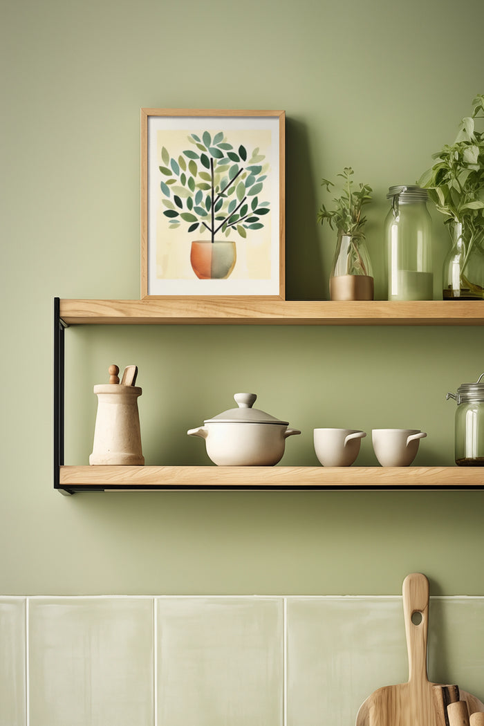 Minimalist framed artwork of a potted plant on a kitchen shelf with ceramic kitchenware