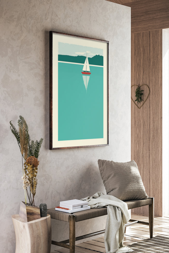 Minimalist style poster of a sailboat with mountain backdrop displayed in a modern interior
