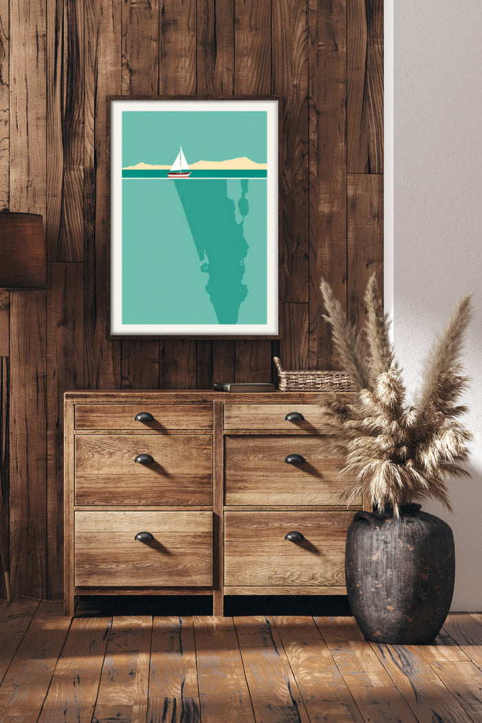 Minimalist sailboat sea landscape poster framed on wooden wall above a wooden chest of drawers